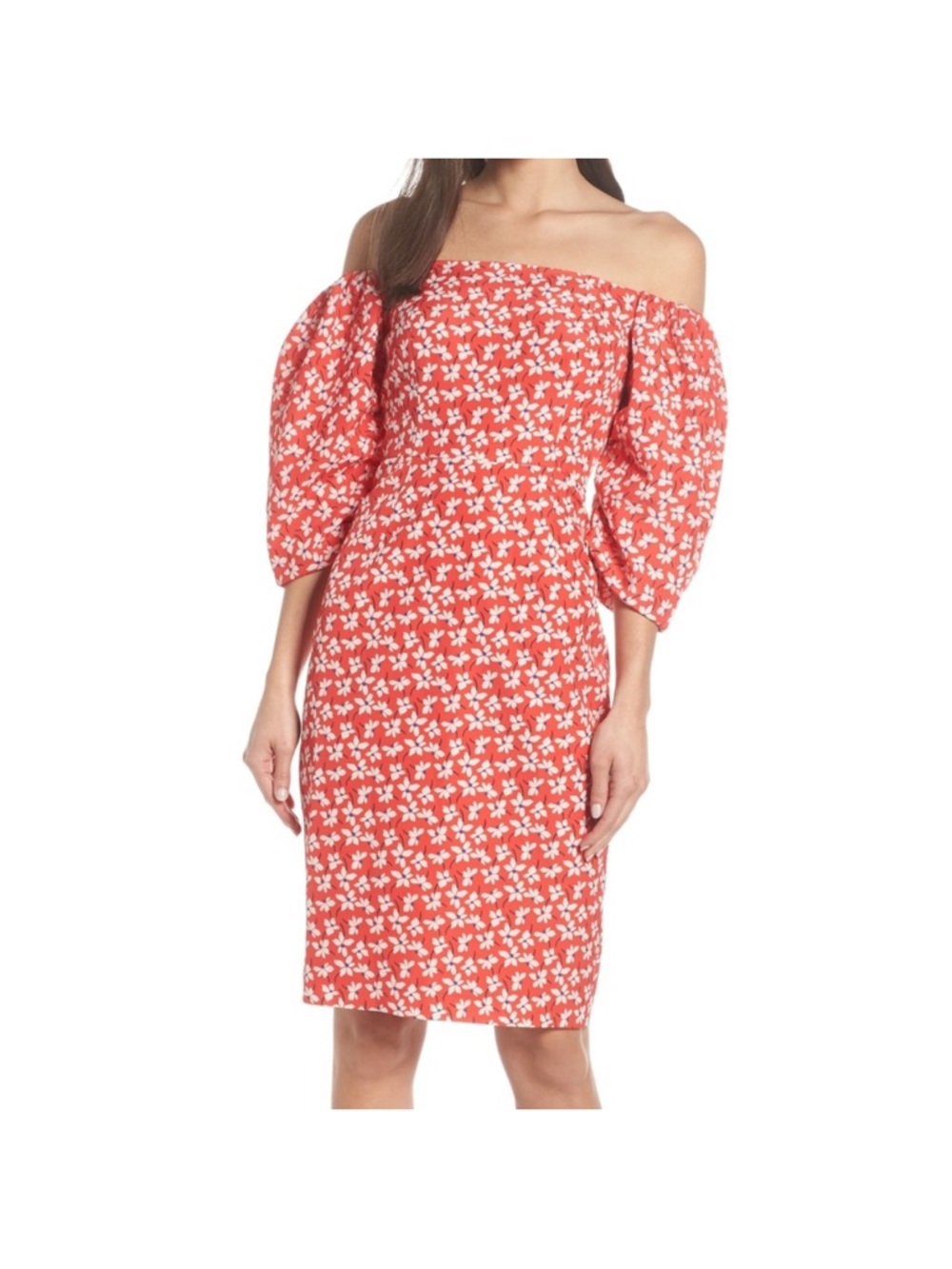 Chelsea28 Red Floral Puff-Sleeve Dress 0